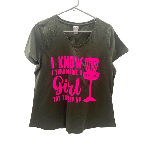 Disc Golf WOMENS V-Neck Shirt Throw Like A Girl Olive Size 12 - Picture 1 of 10